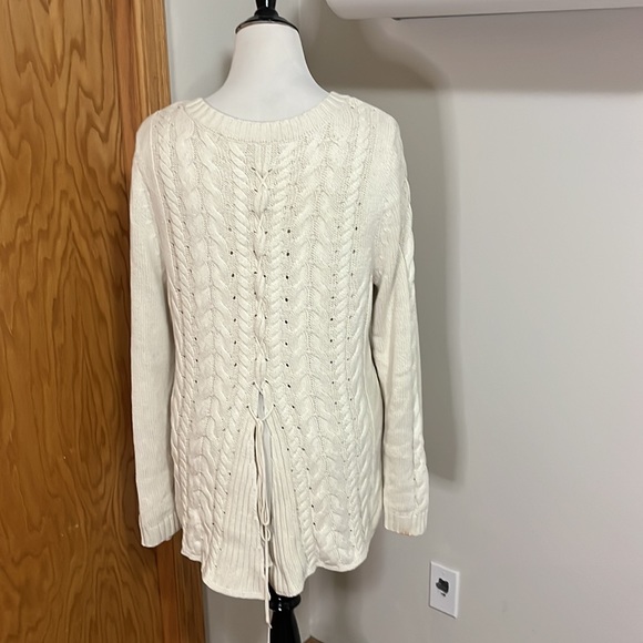 Cabi #3157 Ivory Cable Knit Lace Back Sweater - Picture 2 of 3